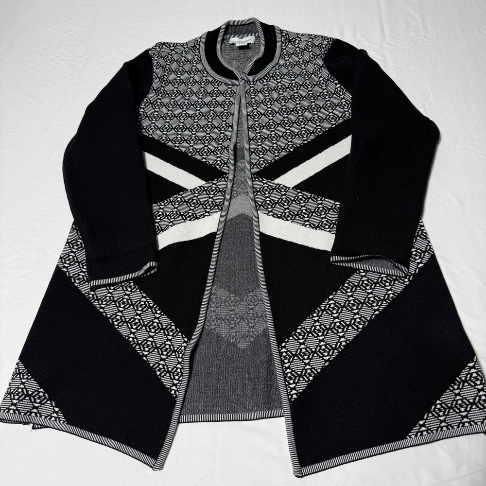 Peck & Peck Open‎ Front Long Cardigan Black & White Geometric Women's Size XL